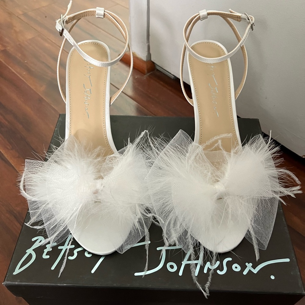 Betsy Johnson SB-Lylla Ivory Satin Bow Feather High Heel Ankle Strap